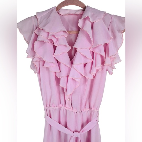 Pink sheer flowy dress, XS-S, Romantic Ruffles, Feminine Whimsy Vintage Vibe - Picture 2 of 9